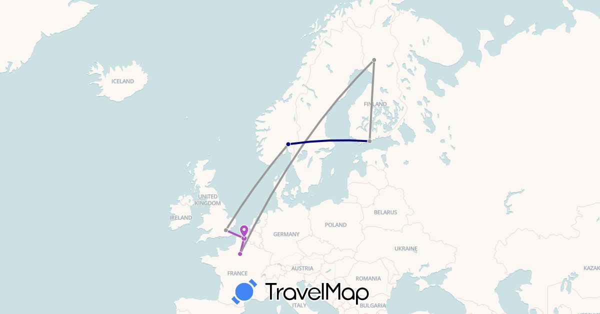 TravelMap itinerary: driving, plane, train in Finland, France, United Kingdom, Norway (Europe)